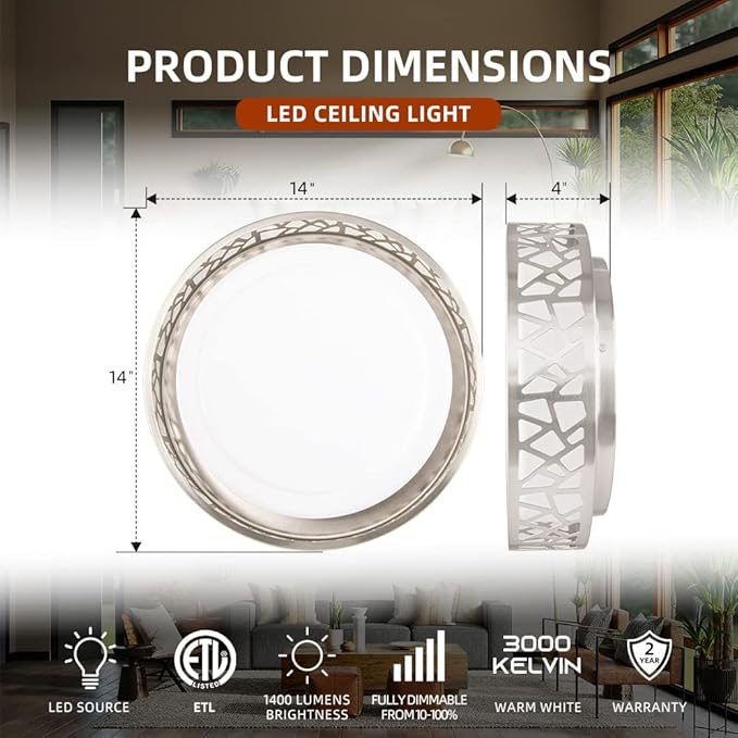 Flush Mount Ceiling Light, 12 Inch Dimmable LED Hallway Light Fixtures Ceiling, 15W 1100 Lumens 3000K Warm White, ETL Listed,Brush Nickel Fihished,Metal Body and Acrylic Lampshade