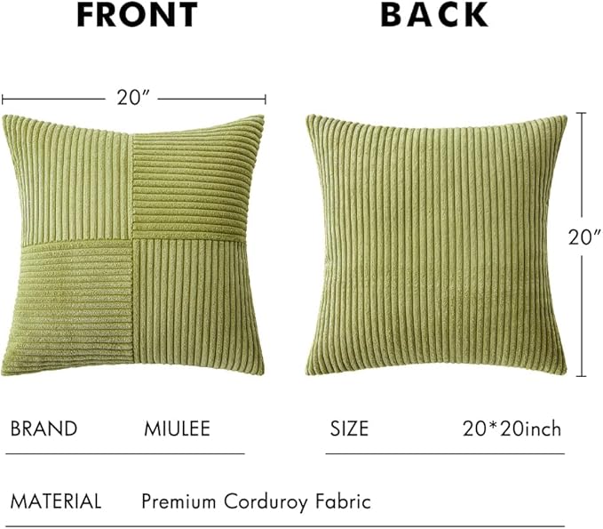MIULEE Green Corduroy Pillow Covers Pack of 2 Boho Decorative Spliced Throw Pillow Covers Soft Solid Couch Pillowcases Cross Patchwork Textured Cushion Covers for Living Room Bed Sofa 20x20 inch