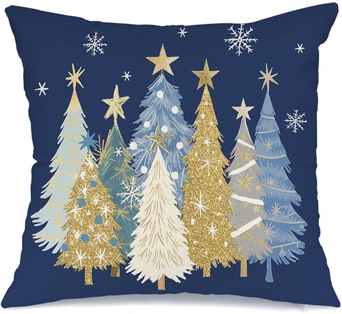 AACORS Christmas Pillow Cover 16X16 Inch Watercolor Christmas Tree Stars Decoration Holiday Farmhouse Winter Pillow Case for Sofa Couch Decor(Blue) AA608-16