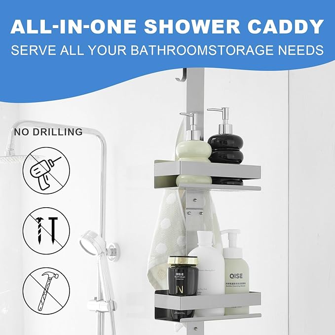 2-Tier Shower Caddy Over Shower Door - Shower Caddy Hanging Rack Organizer No Drilling, Brushed Nickel Stainless Steel Shower Shelf for Bathroom