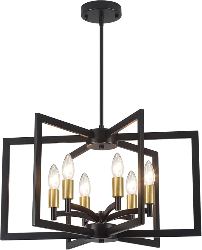 Dining Room Light Fixture,Farmhouse Geometric Chandeliers Black and Gold Kitchen Island Light,6-Light Modern Industrial Chandelier for Foyer Entryway Stairway,UL-Listed
