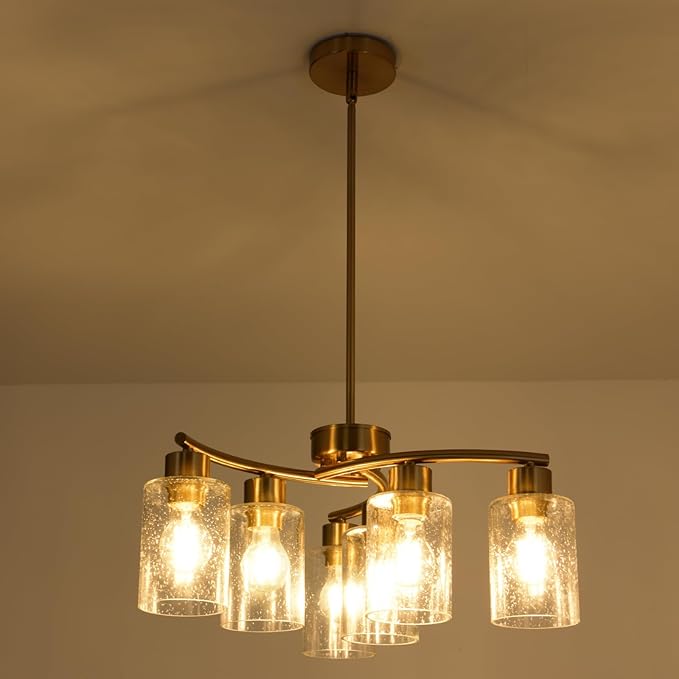 Modern Chandeliers for Dining Room 6-Light Gold Chandelier Seeded Glass Pendant Lights Kitchen Island for Living Room Foyer Bedroom E26 Base