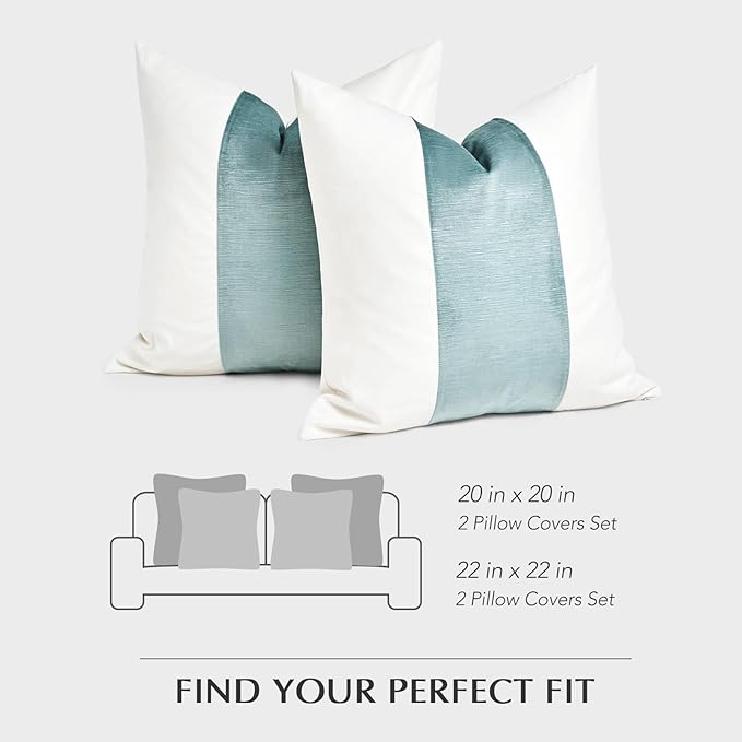 EVERGRACE x Kinsey Walsh Signature Velvet Panel Cotton Pillow Covers Set of 2, Decorative Pillow Covers 22"x22" for Couch, Square Cushion Cases for Sofa Bedroom Living Room, Aquamarine