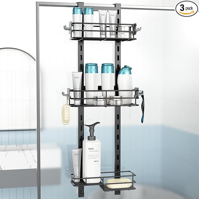 Nieifi Over the Door Shower Caddy, Adjustable 3 Tier Hanging Shower Organizer with Soap Holder Bathroom Shelves with Hooks, Black