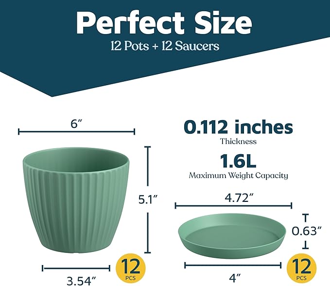 Mint 6-Inch Plant Pots with Drainage & Saucers 12 Pack, Indoor & Outdoor Planters for Houseplants, Herbs, and Flowers, Durable & Weatherproof Material, Stackable, Lightweight, Minimalist Design