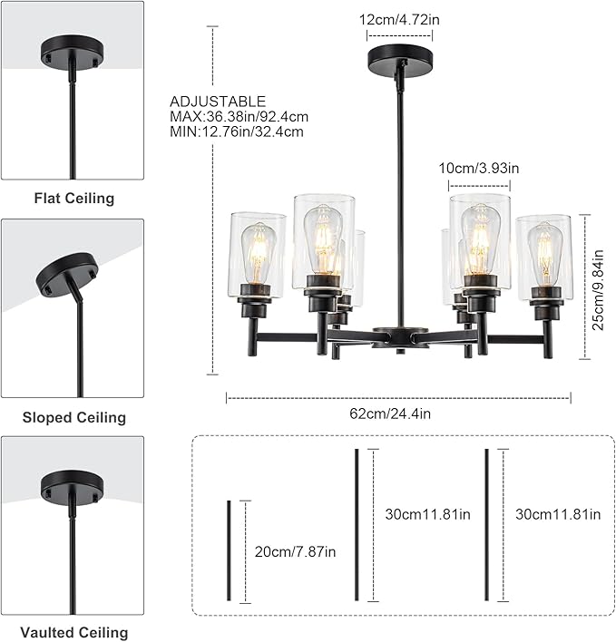 Farmhouse Chandeliers for Dining Room Matte Black Chandelier 6 Light Dining Room Light Fixture with Clear Glass Shades Gold Pendant Lights for Kitchen Island Living Room Entryway Staircase