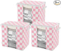 Pink Checkered Clothes Storage Bins, 100L Large Blanket Storage Bags 3 Pack, Closet Organizers and Storage Containers for Comforters, Bedding, Foldable Organizer with Handle