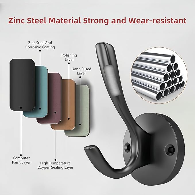 ZUONAI Black Towel Hooks for Bathrooms 2 Pack Black Coat Hook Wall Hook for Hanging and Hat Hooks Towel Hooks for Wall Hooks for Coats Heavy Duty Hook for Hanging Coats Bedroom Hook