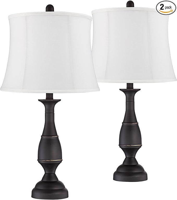 Regency Hill Ben Rustic Farmhouse Traditional Table Lamps 25" Tall Set of 2 Dark Bronze Metal Candlestick White Softback Drum Shade for Bedroom Living Room House Bedside Nightstand Office