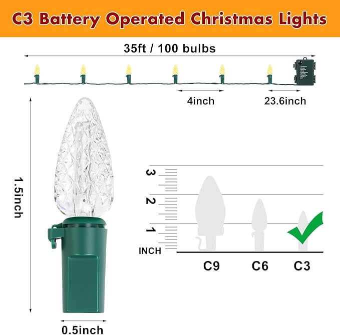 Brightever C3 Battery Operated Christmas Lights, 35FT 100LED Battery Powered Outdoor Christmas Lights with Timer & 8 Lighting Modes, Fairy Lighting for Garden House Tree Decoration, Warm White, 1-Pack