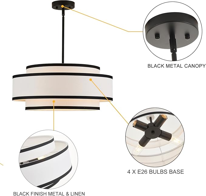 19.7" Black Drum Chandelier with White Linen Lampshade 4-Light Modern Farmhouse Chandelier Light Fixture for Dining Room, Kitchen Island, Foyer Entryway Bedroom
