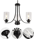3 Lights Black Traditional Chandelier Rustic Kitchen Island Lighting Fixtures Hanging Clear Glass Cylinder Pendant Lights Classic Ceiling Light for Dining Room Bedroom Foyer