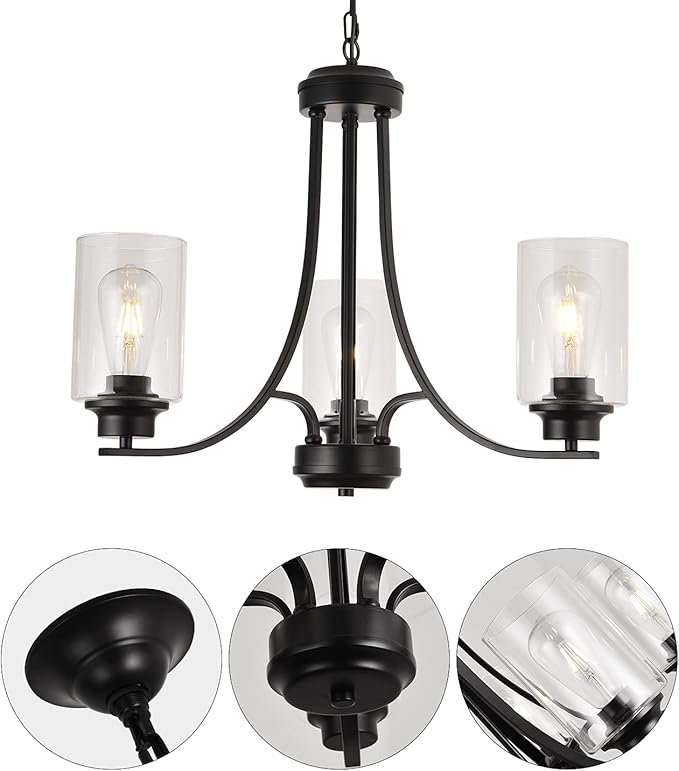 3 Lights Black Traditional Chandelier Rustic Kitchen Island Lighting Fixtures Hanging Clear Glass Cylinder Pendant Lights Classic Ceiling Light for Dining Room Bedroom Foyer