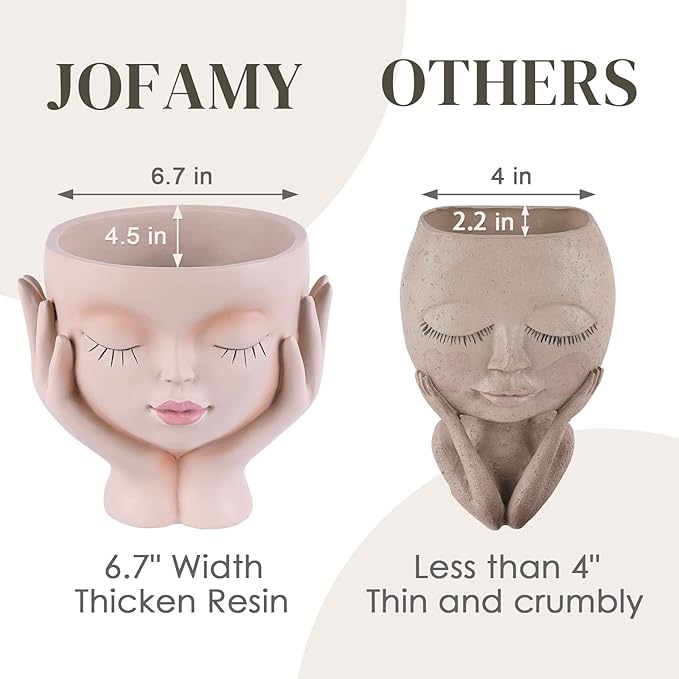 Face Planter Pots for Indoor Plants, Resin Cute Face Flower Pot for Indoor Outdoor Plants with Drainage Hole, Closed Eyes 5.3" Dia 6.3" Tall
