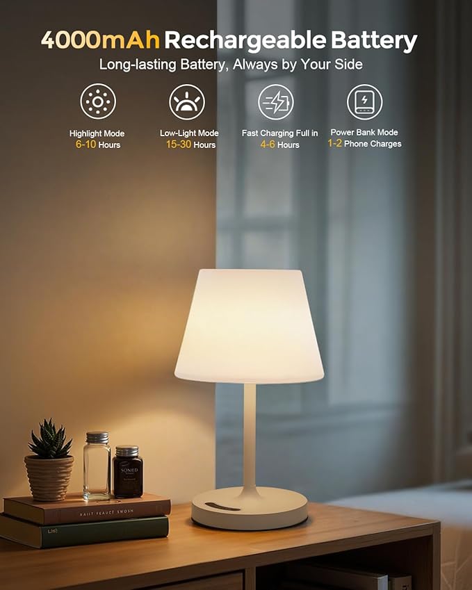 Outdoor Battery Operated Table Lamp, IP54 Waterproof Shower Lamp, 4000mAh Rechargeable Cordless Lamp, 3 Color Temperatures Dimmable, Small Touch Table Lamp for Bedroom, Patio, Camping, Restaurant