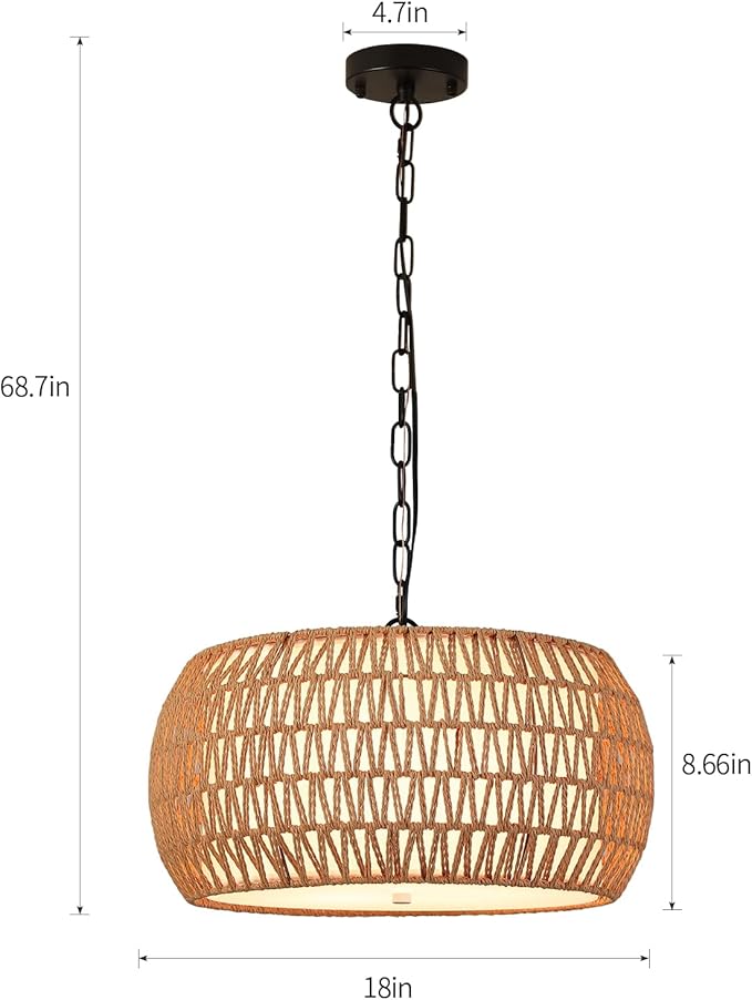 Boho Chandeliers for Dining Room,Rattan Chandeliers with Fabric Shade,Farmhouse Dining Room Light Fixtures,Kitchen Island Lighting 5-Lights Hand Woven Drum Chandelier,18 in,UL Listed