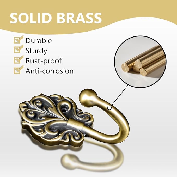 Solid Brass Wall Hooks 2 Pack – Heavy-Duty Decorative Coat Hooks with Antique Floral Design, Rustproof Hangers for Bathroom, Entryway, Bedroom, Closet