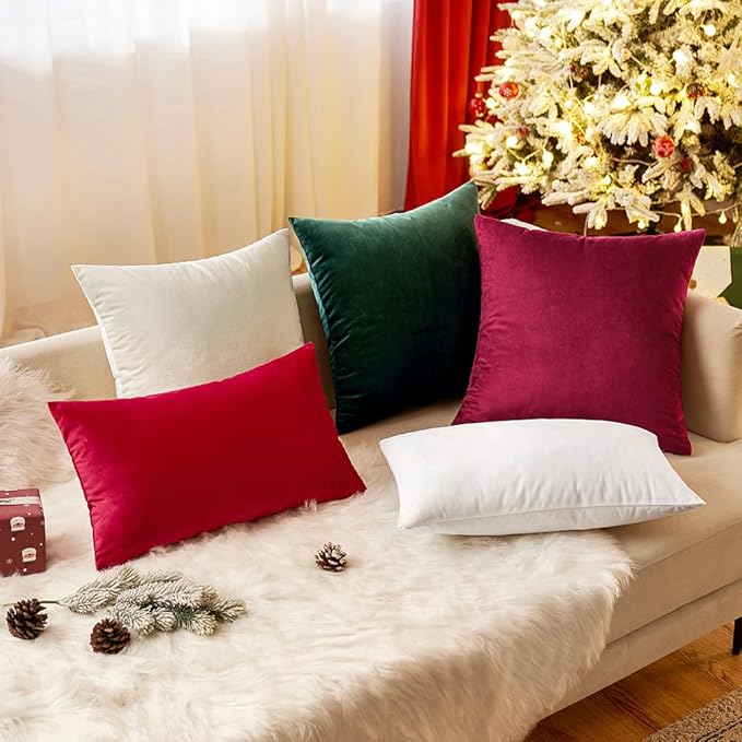 EMEMA Pack of 2 Velvet Christmas Throw Pillow Covers Decorative Square Pillowcase Soft Solid Cushion Case for Sofa Bedroom Chair Car 24x24 Inch Dark Green