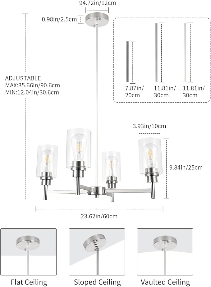 Brushed Nickel Chandeliers for Dining Room Farmhouse Chandelier Fixture with Clear Glass Shades 4 Light Kitchen Island Lighting Pendant Light Fixture for Dining Room Living Room Bedroom