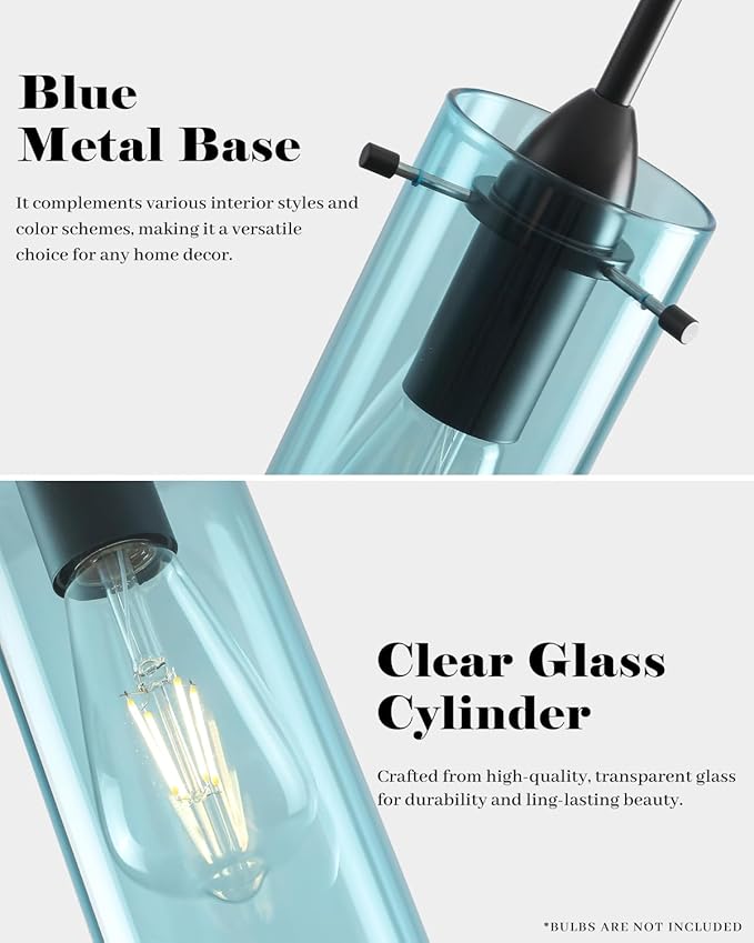 Blue Glass Pendant Light, Kitchen Pendant Lights 1 Pack, Modern Clear Hanging Pendant Light, Island Pendant Lights for Kitchen Island, Bedroom, Living Room, Bathroom