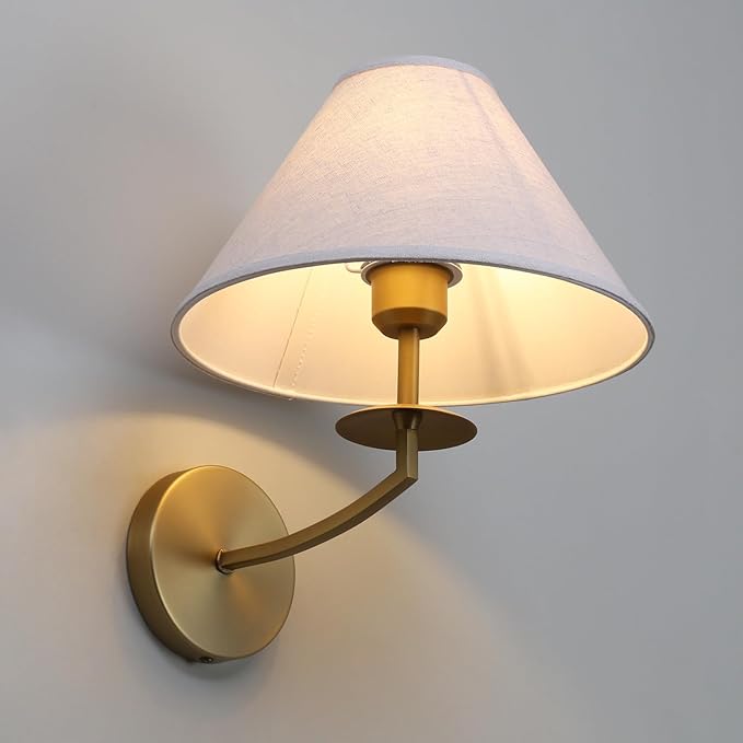 PERMO Vintage Wall Sconce Classic Sconces wiht Linen Fabric Shade Antique Gold Wall Sconces Hardwired Indoor Wall Lights for Living Room Bathroom Bedroom Hallway