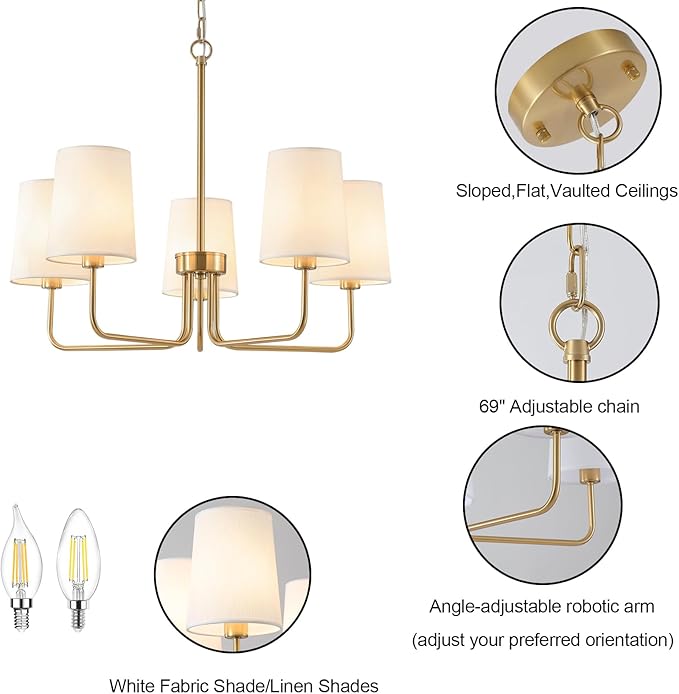 AMZASA Antique Brass Gold Chandelier with Shades, Electroplated Finish, 5 Light Modern Farmhouse Chandeliers with White Fabric Shade, Linear Island Chandelier Lights for Dining Room,Kitchen,Foyer