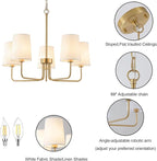 AMZASA Antique Brass Gold Chandelier with Shades, Electroplated Finish, 5 Light Modern Farmhouse Chandeliers with White Fabric Shade, Linear Island Chandelier Lights for Dining Room,Kitchen,Foyer