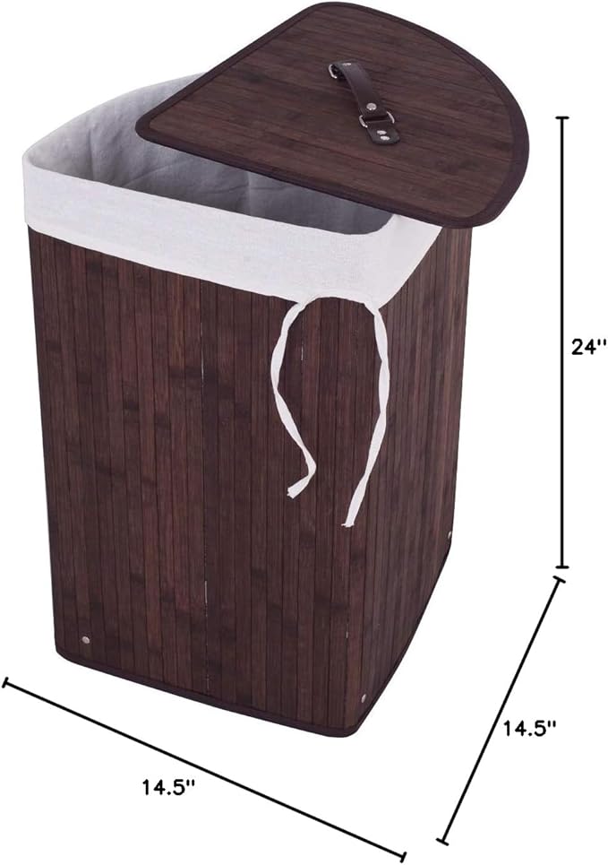 Giantex Corner Laundry Hamper with Lid, 58 L Bamboo Laundry Basket with Removable Liner & Handle, Triangle Clothes Hamper for Small Spaces, Bedroom, Bathroom, Laundry & Living Room (Brown)