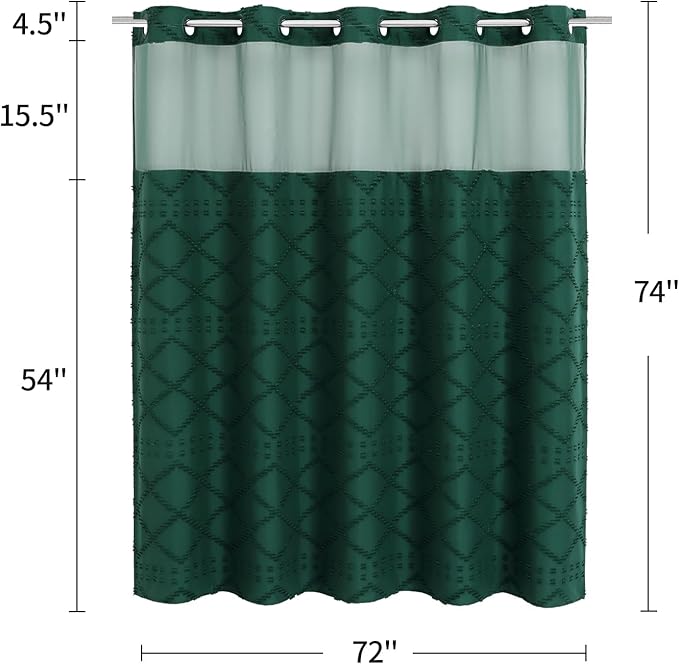 No Hooks Boho Dark Green Woven Fabric Shower Curtain 72 x 74 Modern Farmhouse, Tufted Chevron Striped Shabby Chic Textured, Minimalist Hookless Shower Curtains for Bathroom, Hotel Decor