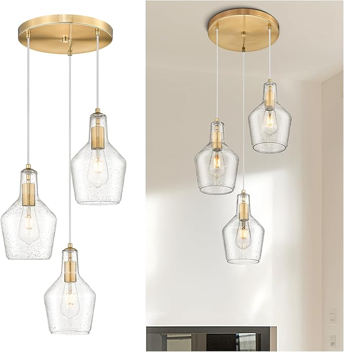 Emliviar Brushed Gold Pendant Light, 3-Light Seeded Glass Chandelier, Modern Pendant Lights for Kitchen Island, DYE286G2-3 BG