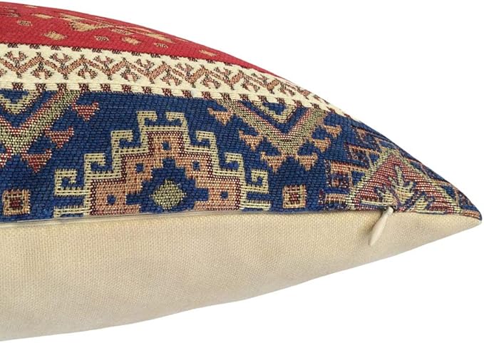 Boho Square Throw Pillow Covers Kilim Red and Blue - 18 x 18 Inches Decorative Sofa Pillows, Hippie Room Decor for Couch, Bohemian Outdoor Case for Farmhouse, Southwestern, Aztec