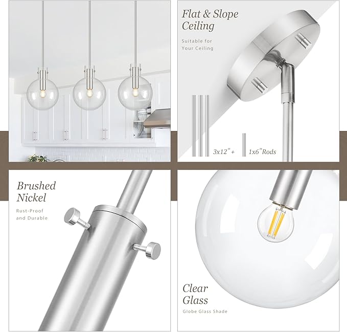 Brushed Nickel Pendant Lights Kitchen Island, 1-Light 8" Large Globe Glass Hanging Light Fixtures with Clear Glass, Modern Kitchen Pendant Lighting Over Island for Sink Bathroom, OS-JJ528-1PBN