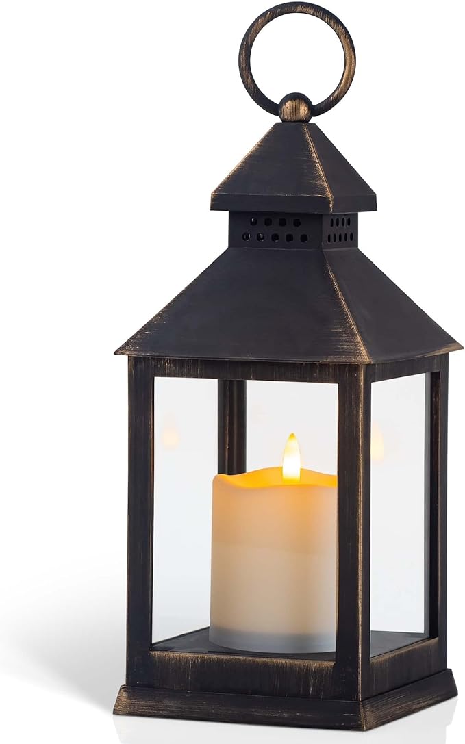 Vintage Golden Brushed Black Lantern Decorative LED Flickering Flameless Candle with Timer, Battery Powered LED Decorative Hanging Lanterns for Indoor Outdoor Garden Yard Home Decor(1 Pack)