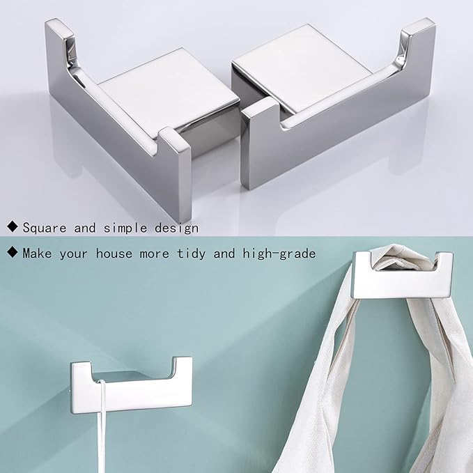 RANDOM Double Towel Hooks for Bathroom Wall Hook Heavy Duty Coat Robe Clothes Towel Sponges Hooks Holder SUS304 Stainless Steel Wall Mount Bathroom Kitchen Accessories 2 Pack Polished Chrome.