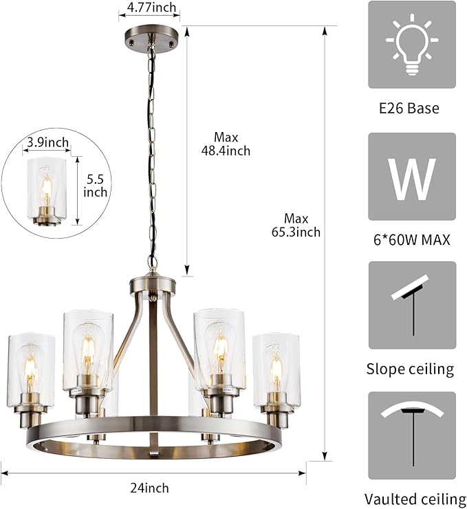 6-Light Modern Dining Room Light Fixture Brushed Nickel Kitchen Chandelier Ceiling Hanging Pendant Lighting with Glass Shade for Living Room Bedroom Entryway Adjustable Height Metal E26