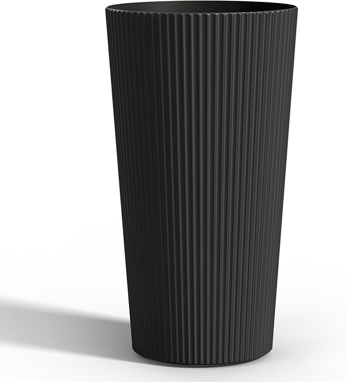 FONTOI 23.6" Tall Planter for Outdoor Plants Set of 2 Large Outdoor Plastic Striped Flower Pots, Front Porch Furniture, Garden Pots, Decorative Planters for Indoor/Outdoor, Patio, Balcony, Black