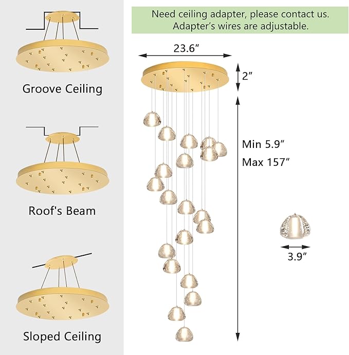 Gold Modern Crystal Chandelier for Staircases 157" Long Adjustable Ceiling Light for Entrance 3000K LED Hanging Lighting Living Room Hallway Entryway