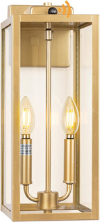 Gold 2-Light Dusk to Dawn Outdoor Light Fixture Large 16 Inch, Candle Light Square Exterior Wall Light for House Photocell Sensor IP65 Waterproof Porch & Patio Light Brass Outside Sconce