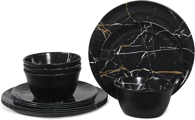 Melamine Dinnerware Set - 12pcs Plates and Bowls Sets Best for Indoor and Outdoor Party, BPA-Free Dishwasher Safe Kitchen Dinner Set with Black Marble Pattern