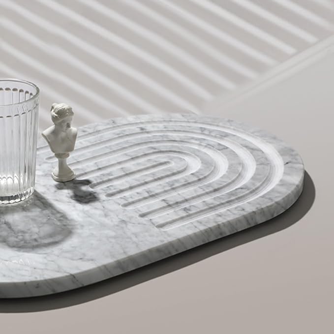 16.5"x9.8" Dual-Sided White Marble Cutting Board for Kitchen - Oval Stone Chopping Board with Anti-Slip Silicone Feet