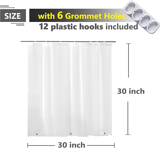 Waterproof Shower Curtain for Window Inside Shower, 30 x 30 Inches Short Length Plastic Bathroom Window Curtain Heavy Duty Vinyl with Hooks, Silky Frost, 30x30