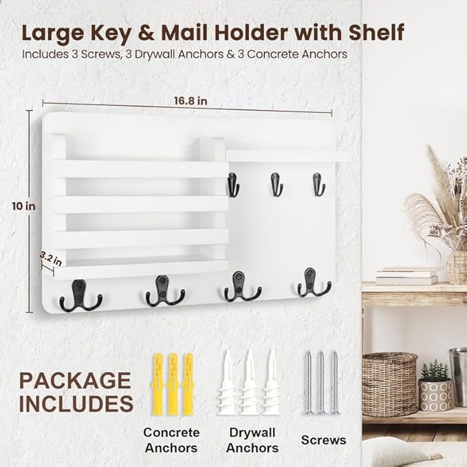 Nekon Mail Holder for Wall Mail Organizer with Key Hooks Hallway Farmhouse Decor Letter Sorter Made of Natural Wood with Floating Shelf and Flush Mount Hardware (16.8Inch x 10Inch x 3.2Inch)