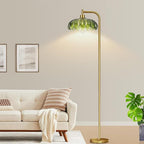 Glass Floor Lamp for Living Room,Bedroom,Gold Mid Century Modern Standing Lamp with Remote Dimmable,Boho Brass Tall Lamp Vintage Retro Green Arc Floor Lamps Flower Floor Light Bohemian