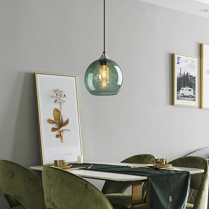 Gray Green Glass Pendant Lights Kitchen Island Lighting Globe Pendant Light Fixtures Modern Pendant Lighting for Bedroom Living Dining Room Light Fixture(7.87in, 2 Pack)