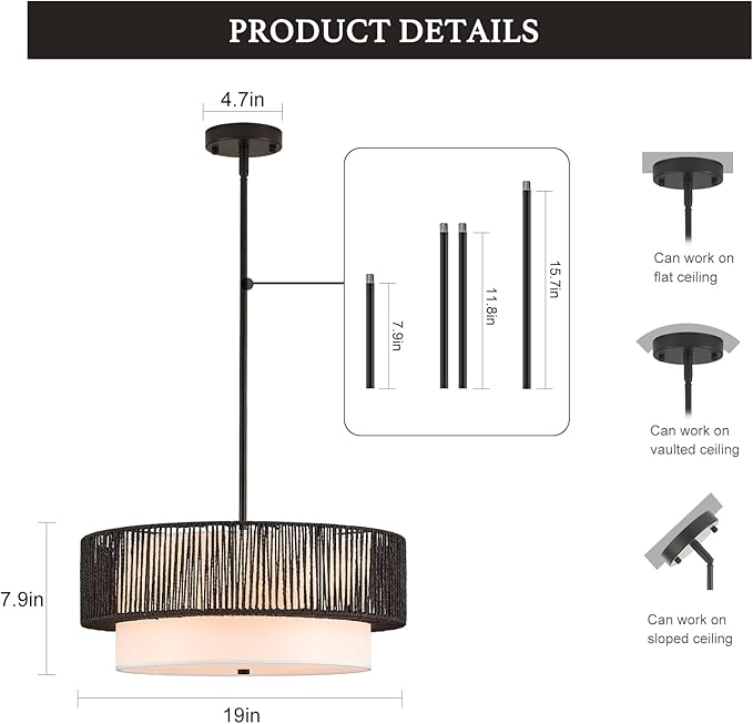 19" Black Rattan Chandeliers Vintage Farmhouse Hand-Woven Wicker Light Fixtures with Bamboo Chandelier Light Fixture Fabric Shade Boho Rattan Hanging Light for Dining Room,Bedroom,Entryway