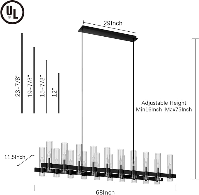Black Linear Chandelier, 68 Inch 20-Lights Modern Kitchen Island Dining Room Over Table Light Fixture, Industrial Farmhouse Large Pendant Lighting with Glass Shade