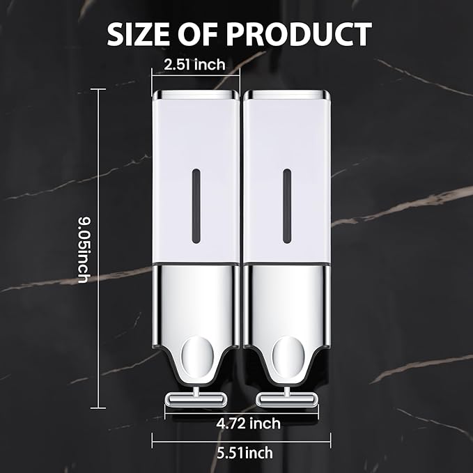 2-in-1 Quadrate Dispensers for The Shower,Shower soap Dispenser,Conditioner Dispenser, Shampoo Dispenser,No Drilled Wall Mounted Distributor,Hotel,Bathroom,Home (Double, White)