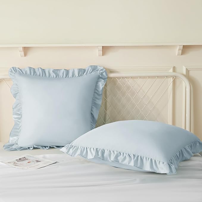 KKJIAF Ruffle Pillow Cases 24x24 Inches, Dusty Blue Square Ruffled Pillow Covers Set of 2, Microfiber Wrinkle Resistant Pillow Shams with Envelope Closure for Sofa Bed Living Room