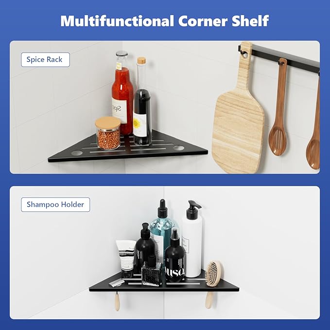 Corner Shower Shelf 10" Slot Design Recessed Shower Shelves for Tiled Wall, 304 Stainless Steel Corner Shelves for Bathroom Organizer (Black, Line-1PCS)