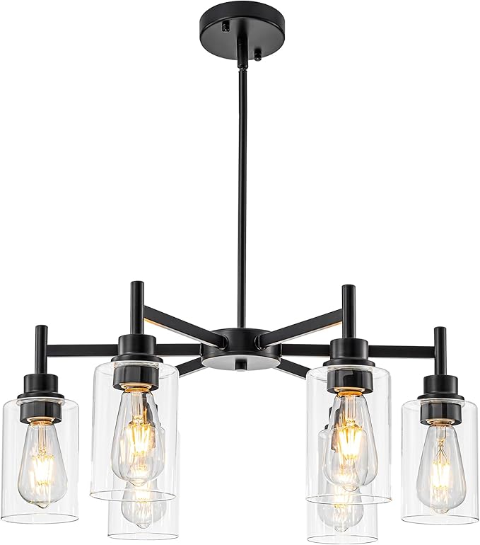 Farmhouse Chandeliers for Dining Room Matte Black Chandelier 6 Light Dining Room Light Fixture with Clear Glass Shades Gold Pendant Lights for Kitchen Island Living Room Entryway Staircase